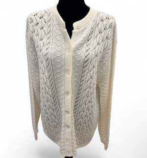 Vintage Brunny White Pointelle Knit Button-Up Cardigan Sweater Made in USA 46